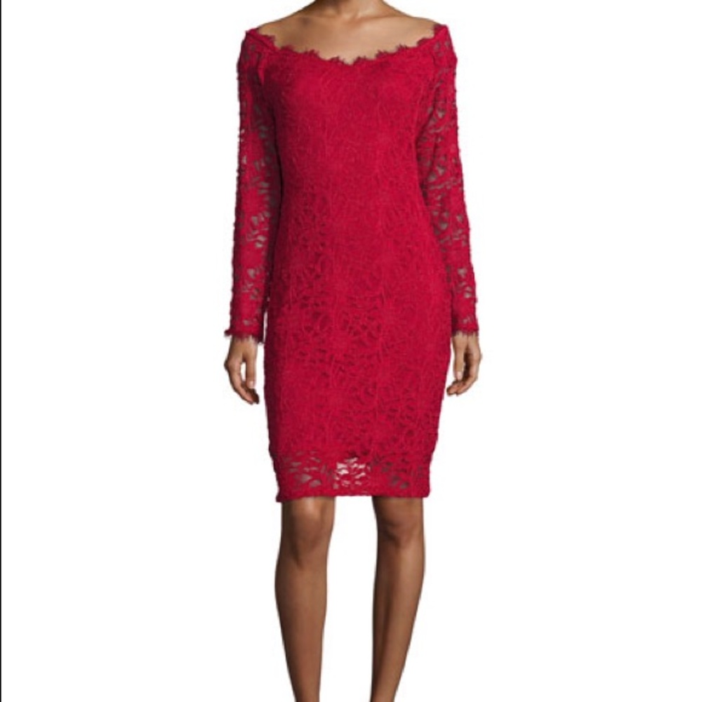 Red Lace Off-the-shoulder Sheath Dress- PRICE FIRM